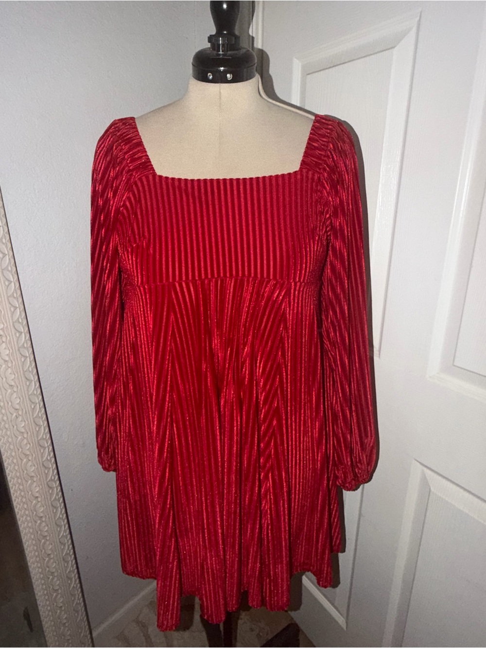 Red Square-Neck Long Sleeve Pleated Mini Dress-NWOT